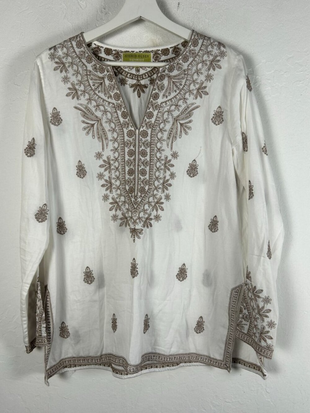Sigrid Olsen Signature Women White Brown Embroidered Tunic Top Large Long Sleeve